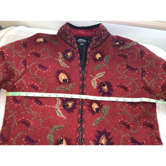 Icelandic Design Wool Size Medium Deep Red Floral Zip Up Jacket Lined Cardigan - Picture 7 of 7